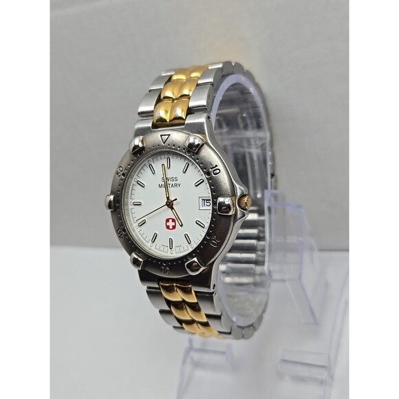 Swiss Military Quartz Watch Date New Battery 38mm Gold Silver Two Tone 5ATM WR - Picture 4 of 11